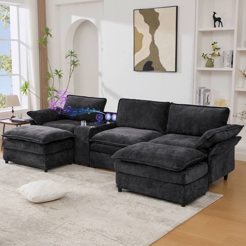 Modular Sectional Sofa, U Shaped Couch with 2 Ottomans, Storage Console & Wireless Charging, 2 Cup Holders, Bluetooth Speakers - Black