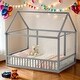 preview thumbnail 1 of 37, Full Size Floor Wooden House Bed with House Roof Frame and Safety Guardrails Grey