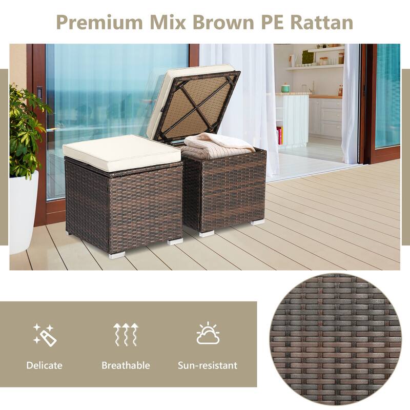 Costway 2PCS Patio Rattan Ottomans Seat Side Table Storage Box - See Details