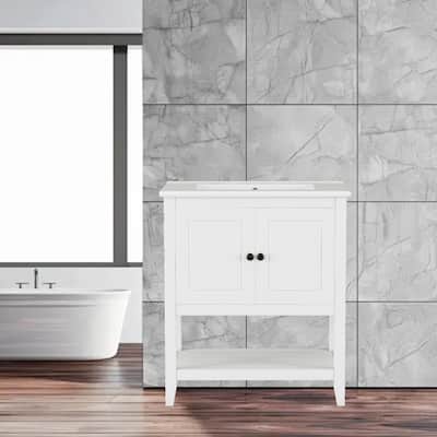 30" Freestanding Bathroom Vanity with Elegant Ceramic Sink, Solid Wood Frame & Ample Storage
