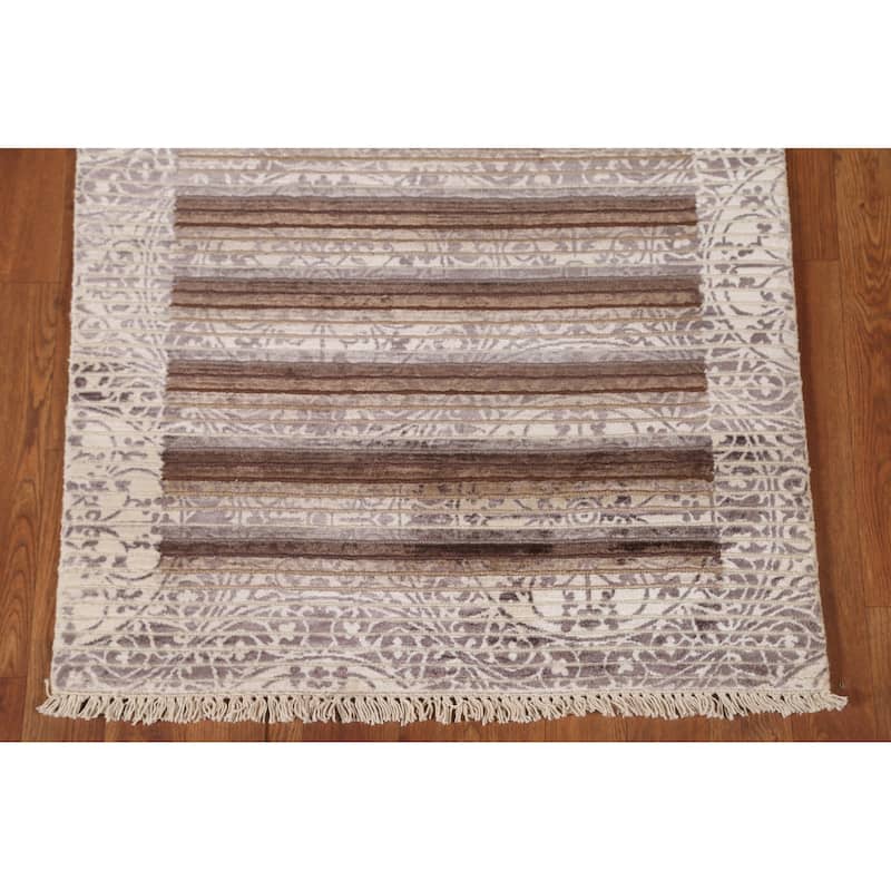 Striped Abstract Accent Rug Handmade Beige Wool Carpet - 2'8"x 4'8"