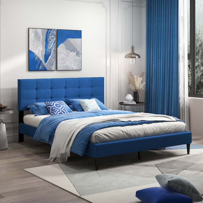 Costway Queen Upholstered Platform Bed Mattress Foundation Button