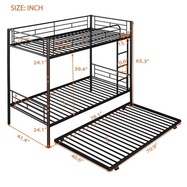 Black Twin over Twin Size Metal Bunk Bed With Trundle, Can be Divided into Two Beds