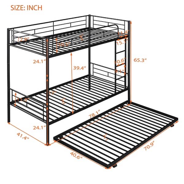 Twin over Twin Metal Bunk Bed With Trundle, Ladder, Black
