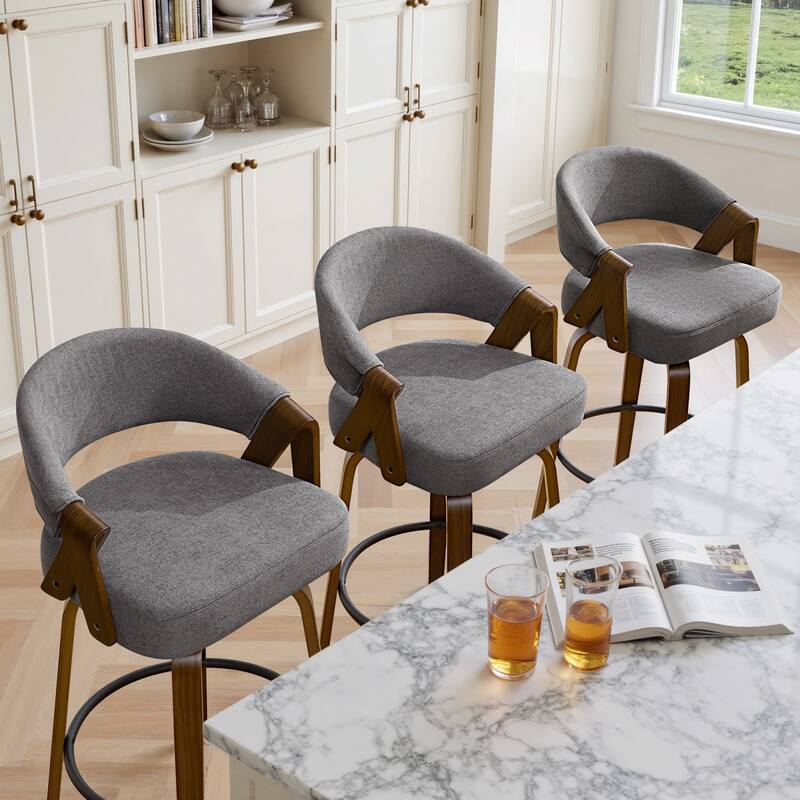 Mid-Century Upholstered Swivel Bar Stool/ Counter Stools with Curved Back - 37.5"H x 20.9"W x 19.9"D