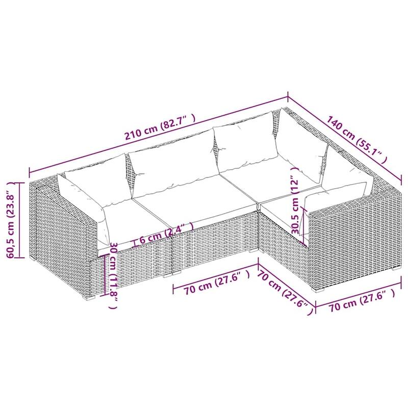 vidaXL Patio Lounge Set Outdoor Sectional Sofa Set Table Garden Poly Rattan - 27.6" x 27.6" x 23.8"