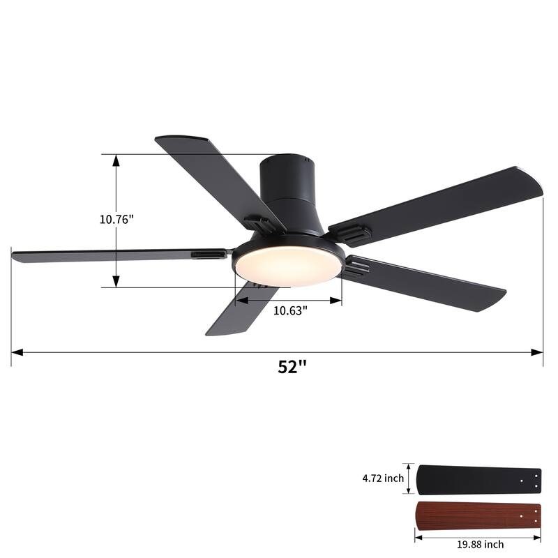 Sofucor 52 Inch Low Profile Flush Mount 5 Blades Ceiling Fan with Dimmable Light and Remote Control - 52 Inches - Black with Black Plywood Blades