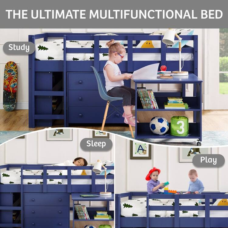 Twin Size Low Loft Bed with Desk and Storage - Kids Pine Wood Loft Bed with Cabinet and Study Space