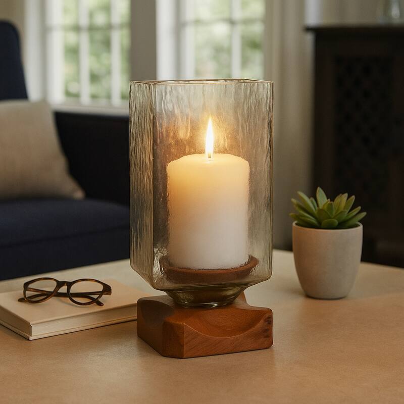 Decorative Wood and Glass Hurrican Pillar Candle Holder