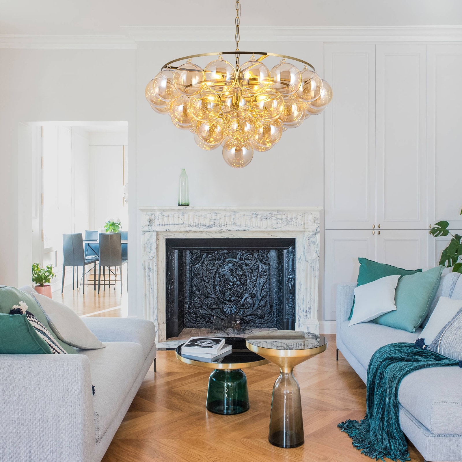 Modern Glam 9-Light Cluster Bubble Chandelier With 34 Amber Glass