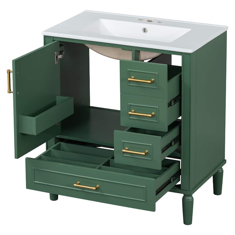 GDFStudio - Asa Wood & Ceramic 30" Bathroom Vanity with Sink, Soft-Close Door & Multiple Drawers