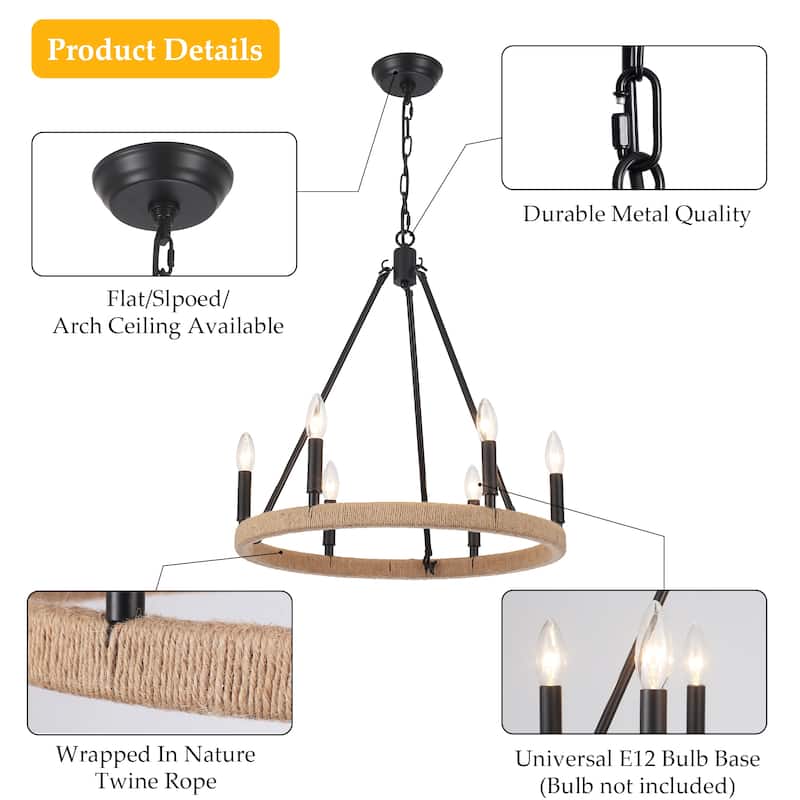 6-Light Rustic Hemp Rope Wagon Wheel Chandelier for Bedroom Foyer Entryway