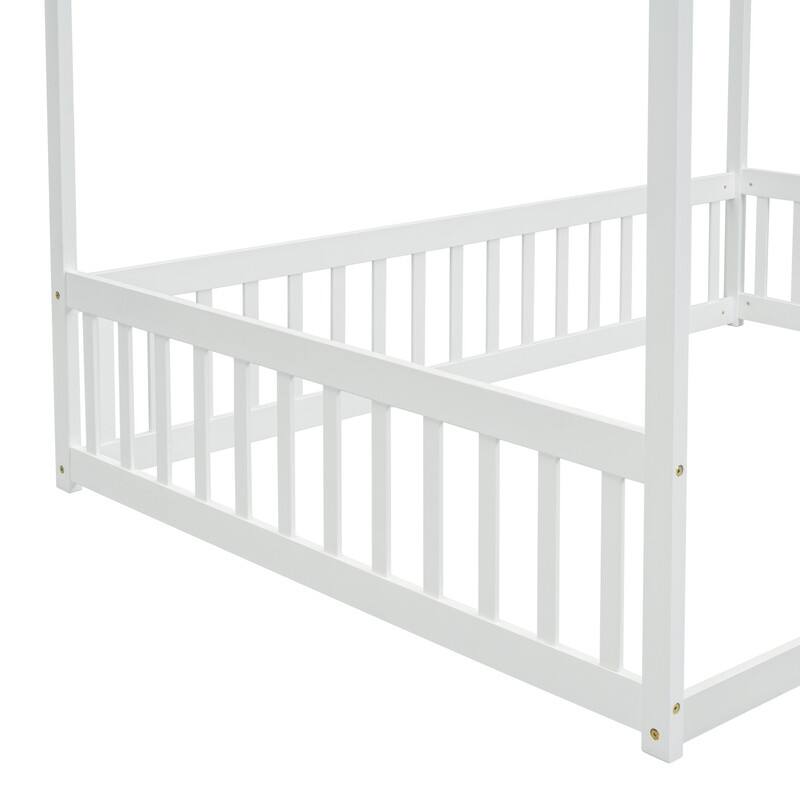 Full Size Wood Canopy Bed with Guardrails,Floor Bed For Kids