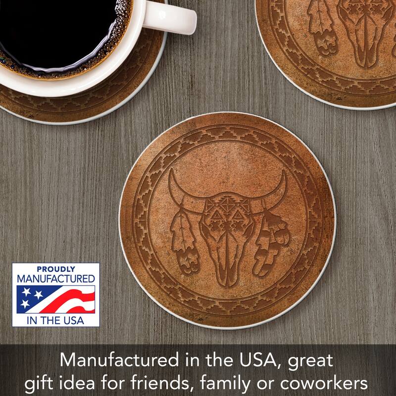 Leather Skull 4 Pack Absorbent Stone Coaster with Protective Cork Backing Made in The USA 4" Round, Easily Wipes Clean