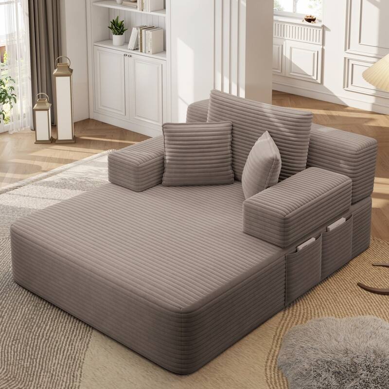 Luxurious Plush Corduroy Chaise Lounge Convertible Sofa Bed with Storage Pocket and Wide Armrests - Coffee
