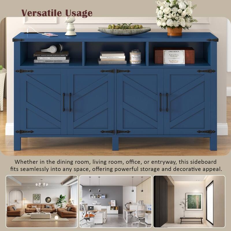 Modern 4-Door Sideboard Buffet with Power Outlets Adjustable Shelves and Half-Open Storage Design