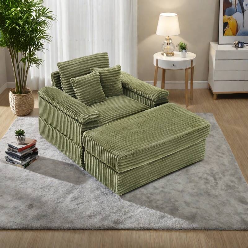 Corduroy Single Sofa Sets with 2 Throw Pillows and 500lb Weight Capacity - Green