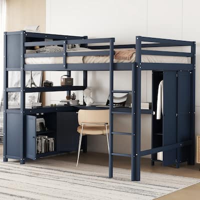 Full Size Pine Wood Loft Bed with Cabinet, Bookshelf, Wardrobe, and Desk