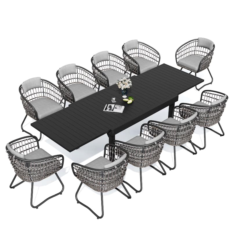 7/9PC Outdoor Aluminum Expandable Patio Dining Sets Extension Table with Rattan Chair