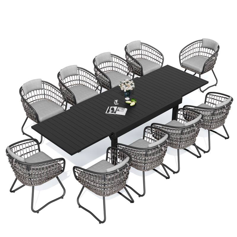 11PC Outdoor Aluminum Expandable Rectangle Patio Dining Sets Table with Rattan Chair