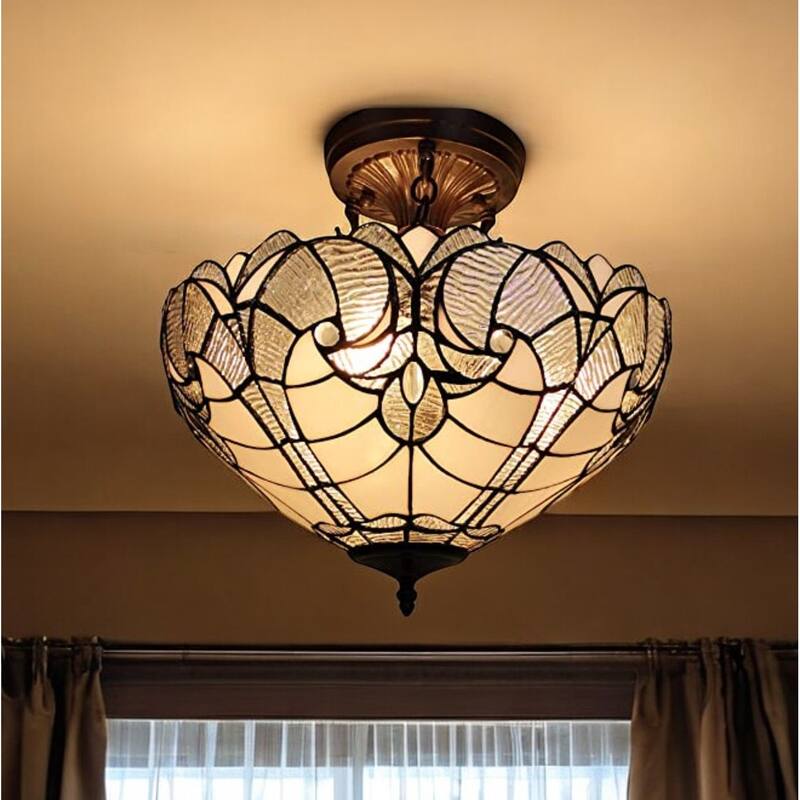 HomeRoots Yellow and Brown Two Light Tiffany Style Semi Flush Dimmable Ceiling Light - 16' X '17' X '16 - 16' X '17' X '16