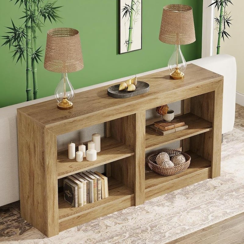 Rustic Brown 3-Tier Console Table with 4-Section Shelves MDF Wood Foyer, Sofa, or TV Stand 59 Inch - 59.06" x 13.78" x 33.46"