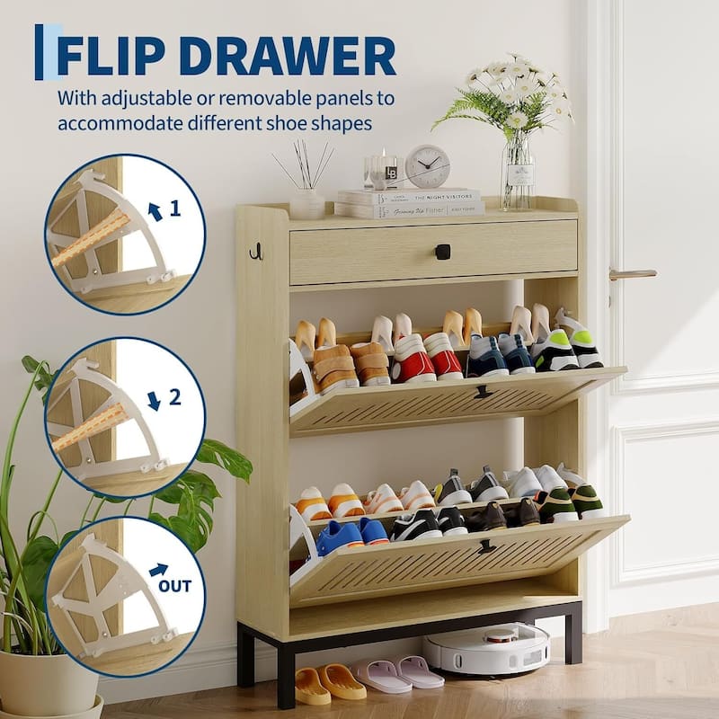 Freestanding 2 Flip Drawer Shoe Cabinet Organizer for Entryway, Hallway, Living Room