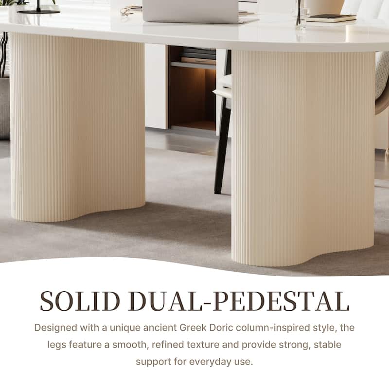 71" Glossy White Sintered Stone Dining Table, Double Round Legs, Oval Kitchen Table for 6 Persons