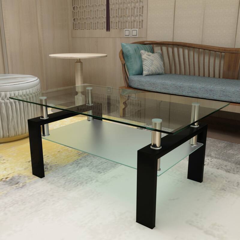 Rectangle Glass Coffee Table, Modern Side Center Tables for Living Room, Living Room Furniture