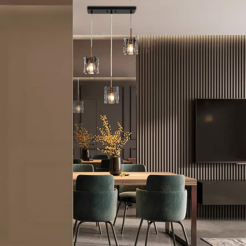 Kasy Modern 3-Light Linear Chandelier Textured Glass Pendant Lights for Kitchen Island Dining Room - L 18.1" x W 4.7" x H 8.7"