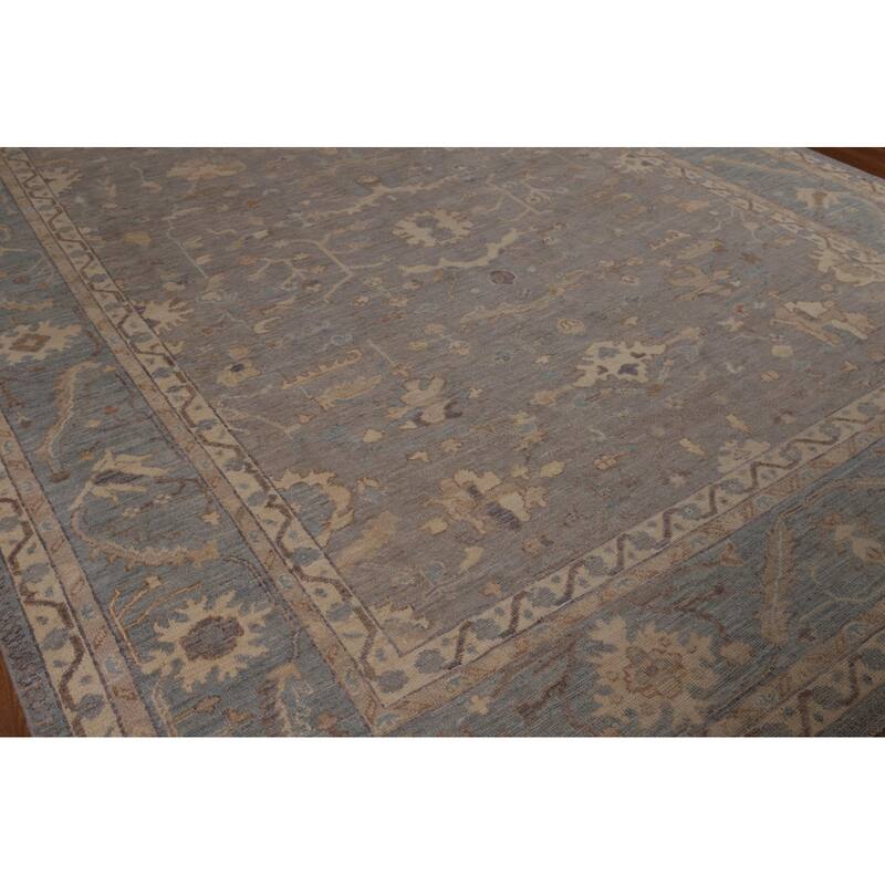 Vegetable Dye Floral Oushak Turkish Rug Hand-Knotted Grey Wool Carpet - 9'4"x 11'8"