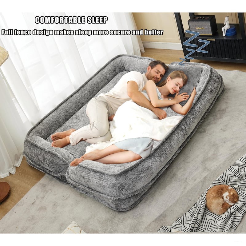Pet Friendly Lazy Loveseat Sofa 2-in-1 Chenille Floor Couch Double Human Sleeper Bed with 5 Adjustable Position, Plump Pillows