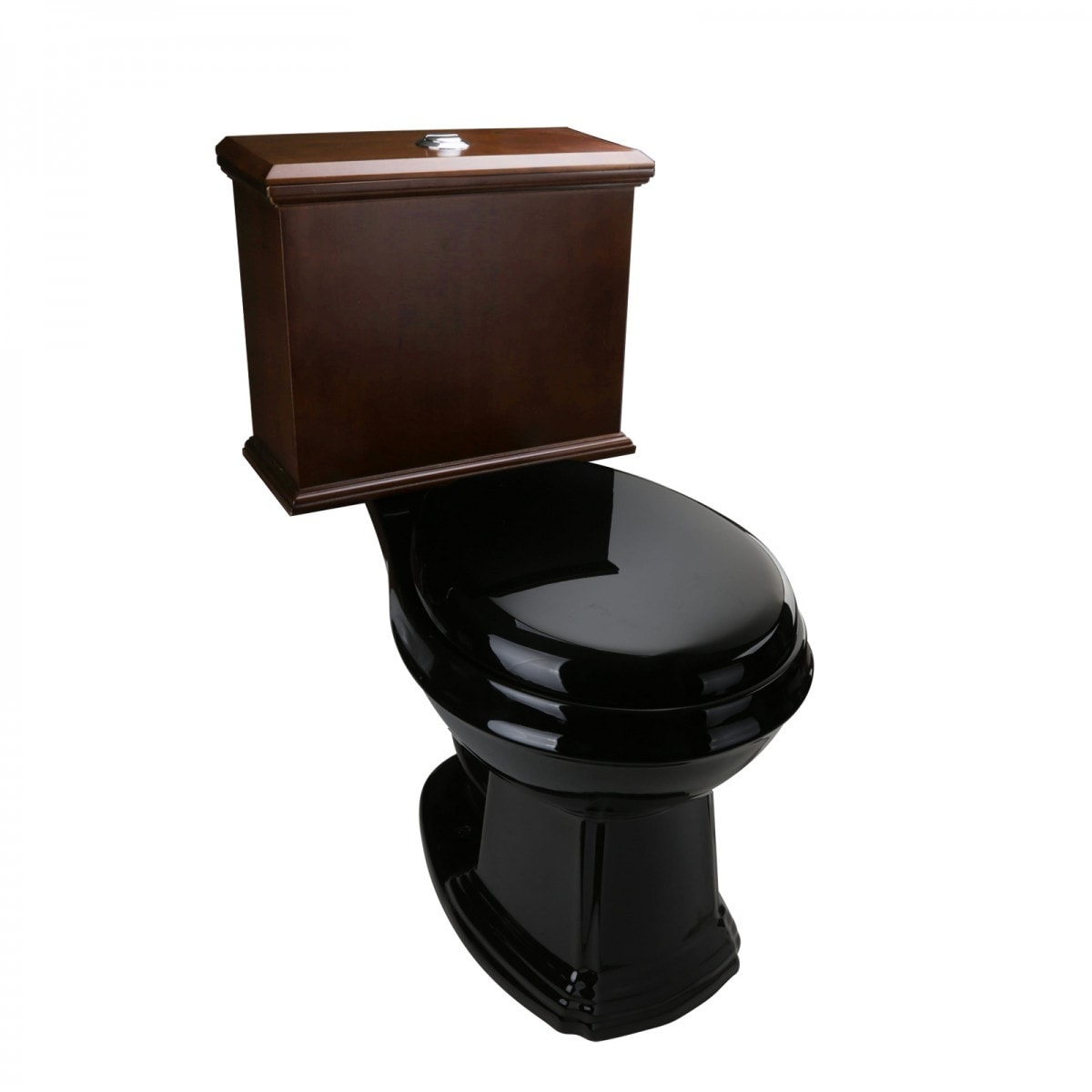 Low Tank Toilet with Dark Oak Flat Panel Tank Round Black Bowl