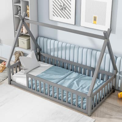 Twin Size Teepee Bed with Guardrails and Slats, Tent-Shaped Floor Bed