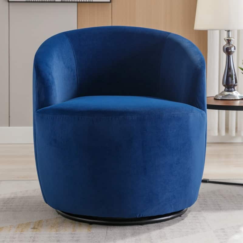 Velvet Fabric Swivel Accent Barrel Chair With Powder Coating Metal Ring - Blue