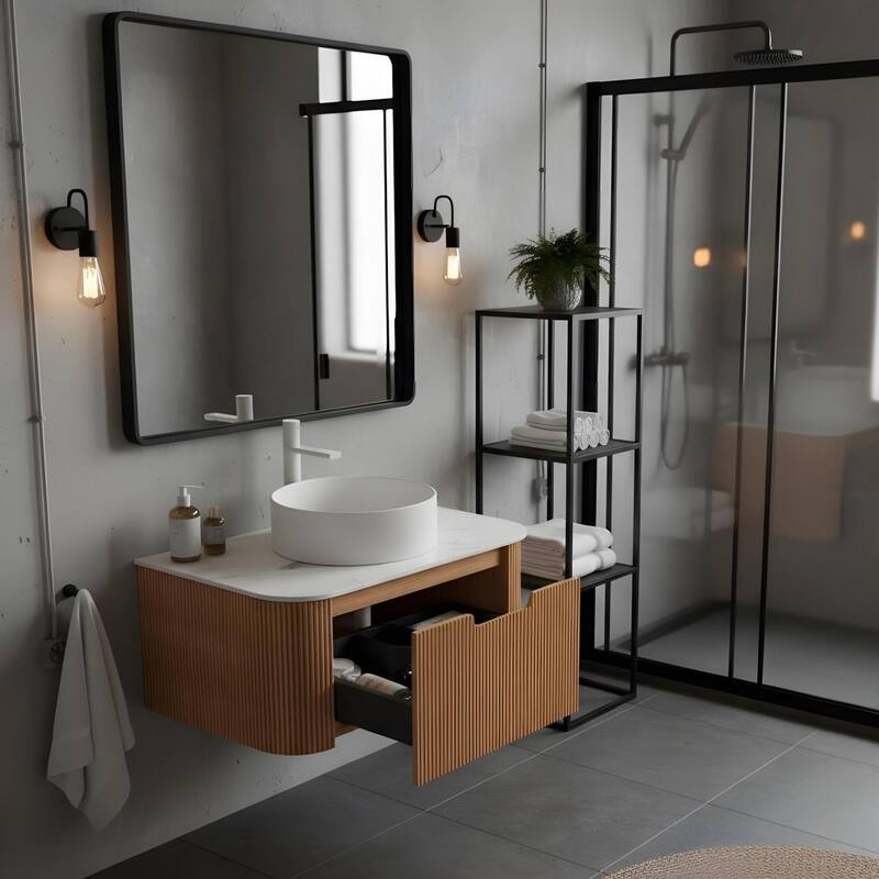 Wall Mounted Bathroom with White Round Ceramic Basin and Drawer