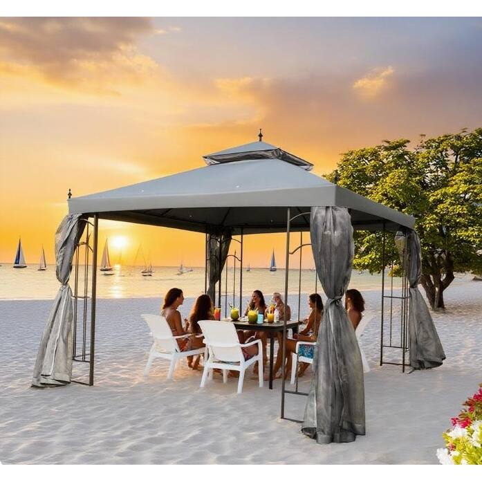 Double Roof Outdoor Gazebo with Corner Shelves and Protective Mesh Netting - Grey