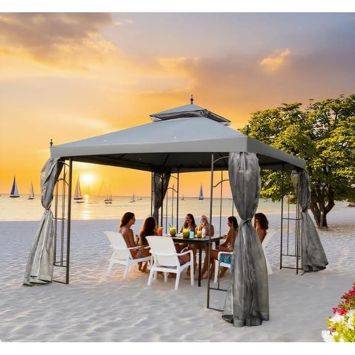 GDFStudio - Emerson Classic Outdoor Pavilion Gazebo with Functional Shelving and Double-Roof Design - Gray