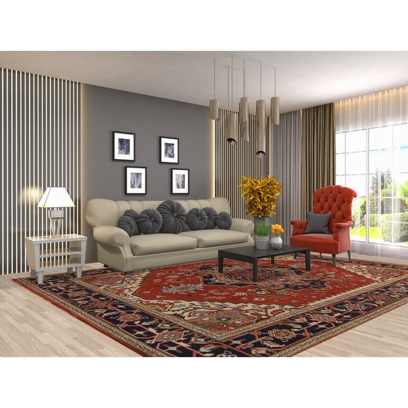 Orange Medallion Heriz Serapi Indian Area Rug Hand-Knotted Wool Carpet - 8'11"x 11'9"