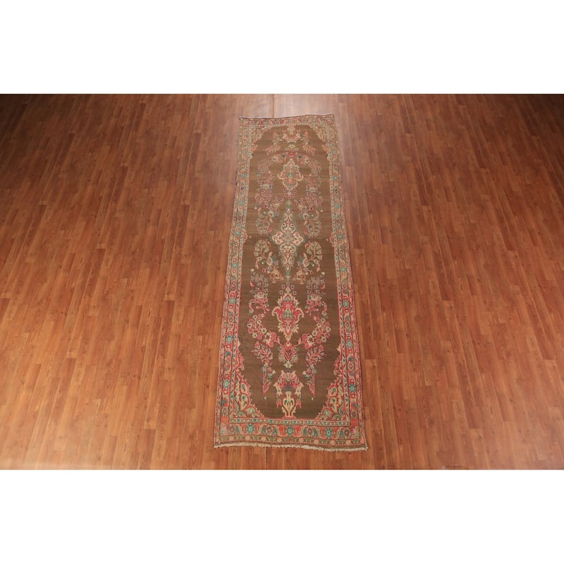 Brown Floral Mahal Persian Runner Rug Handmade Wool Carpet - 3'4"x 10'11"