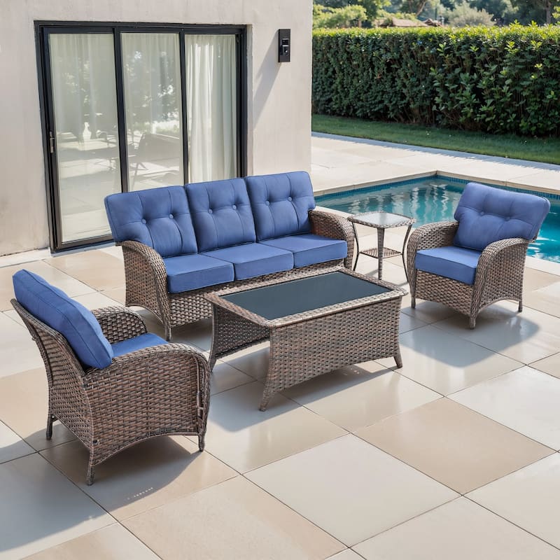 TWrap 5-Piece Patio Brown Wicker Sofa Conversation Set with 5-Inch Thick Cushions