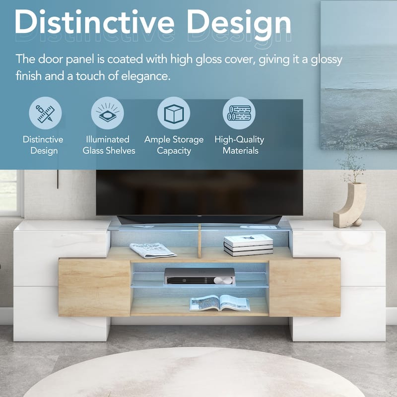 Unique Shape TV Stand with 2 Illuminated Glass Shelves