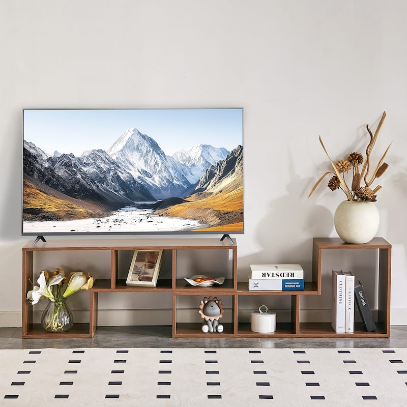 Modular 2-Piece L-Shaped TV Stand With Open Shelving, Customizable Media Console & Bookcase For Living Room , - Acacia Wood