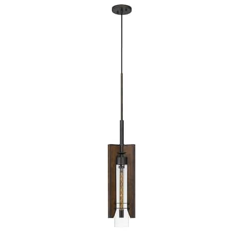60 Watt Metal Frame Pendant Fixture with Wood and Glass Shade, Brown