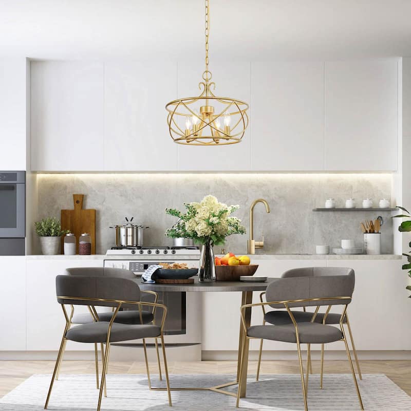 Mid-century Modern Gold Rustic Cage Chandelier Dimmable Adjustable Farmhouse Drum Pendant Light - D15.7"xH14.3"