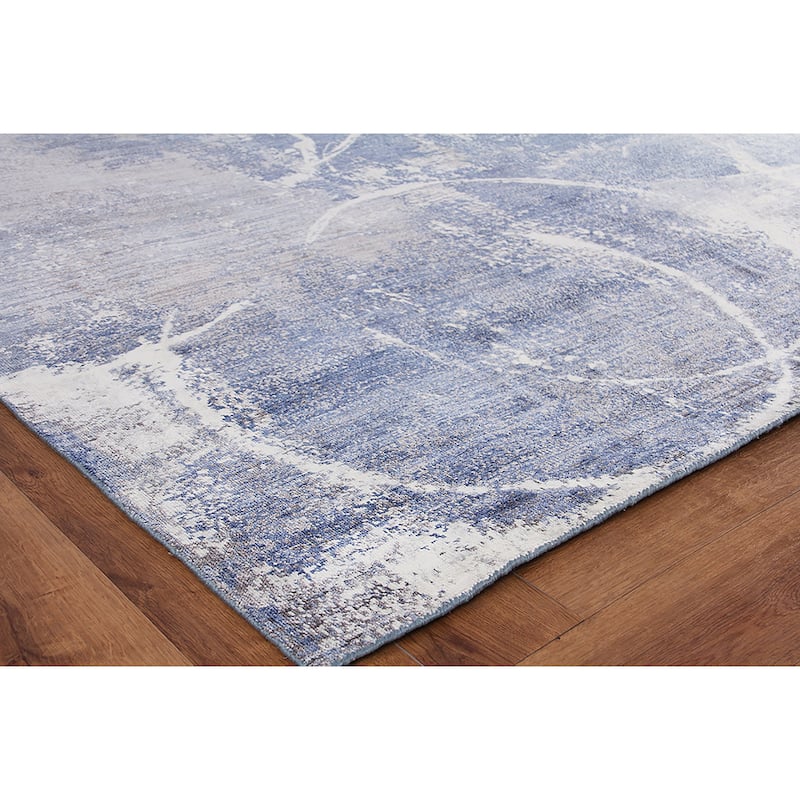 EXQUISITE RUGS Fine Pure Silk Hand-knotted Silk Blue/Grey/Ivory Area Rug.