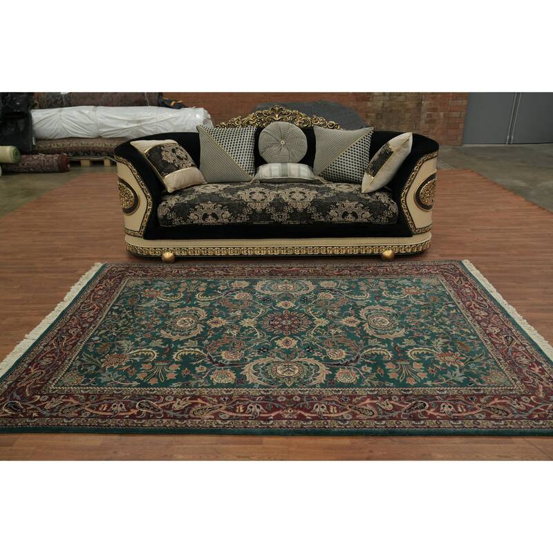 Hand Knotted Oriental 100% Wool Carpet Traditional All-Over Green Kashan Area Rug - 8' 11'' X 6' 1''