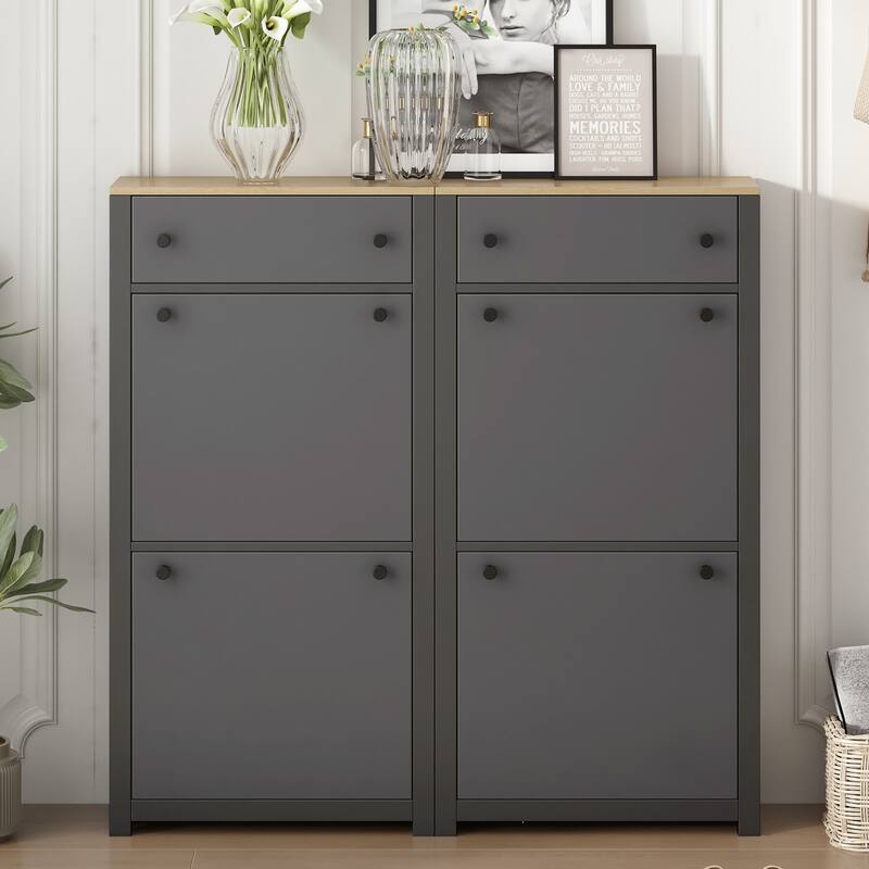 Entryway Organizer Shoe Cabinet with 2 Flip Drawers & Adjustable Panels for Storage and Organization - Grey(2 Pieces)