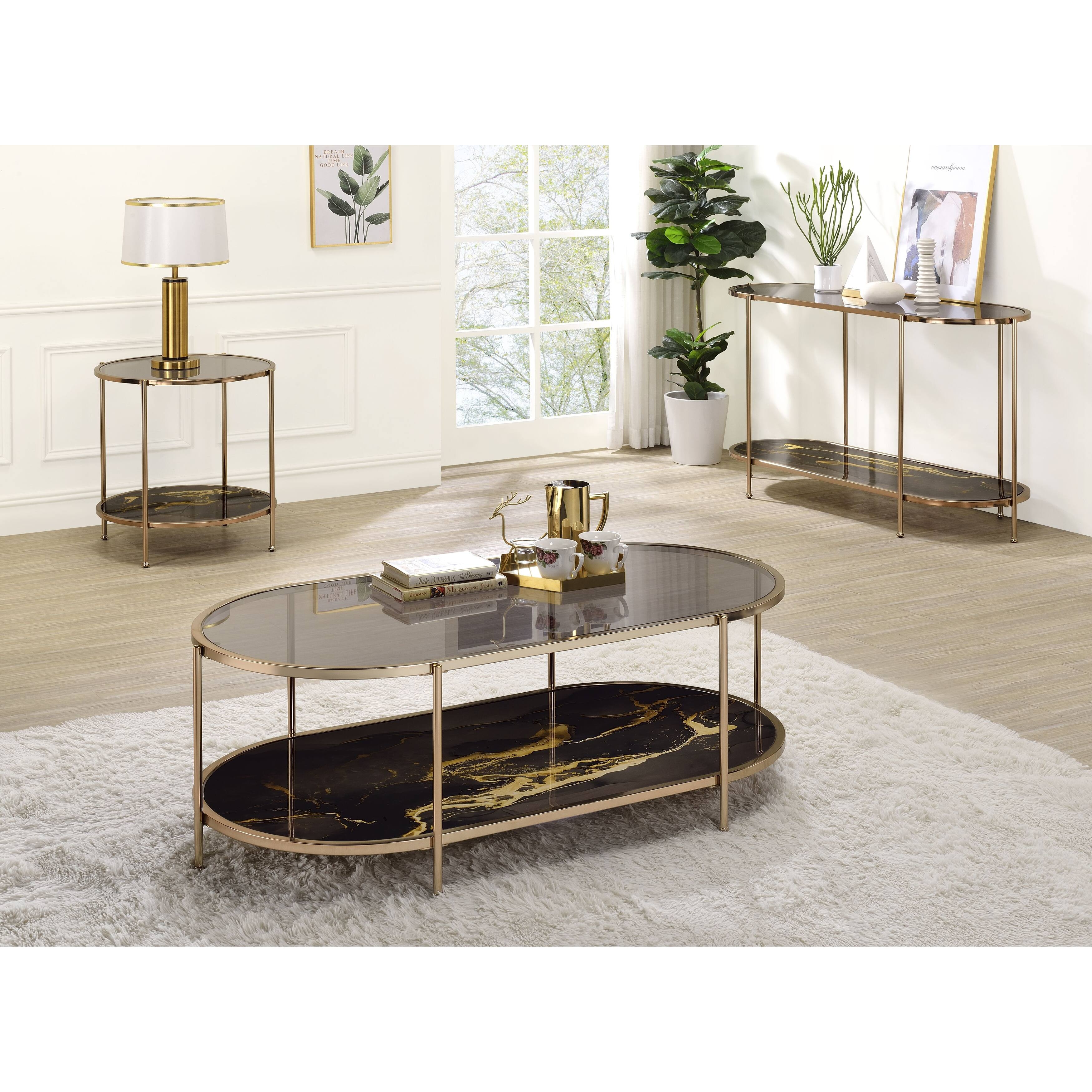 ACME Fiorella End Table, Glass, Black Marble Paint & Gold Finish Bed Bath & Beyond 40011831