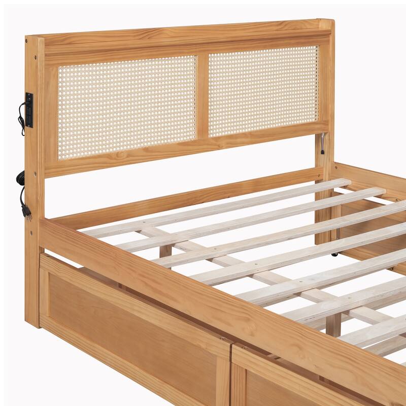 Elegant Bed Frame with Rattan Headboard and Sockets